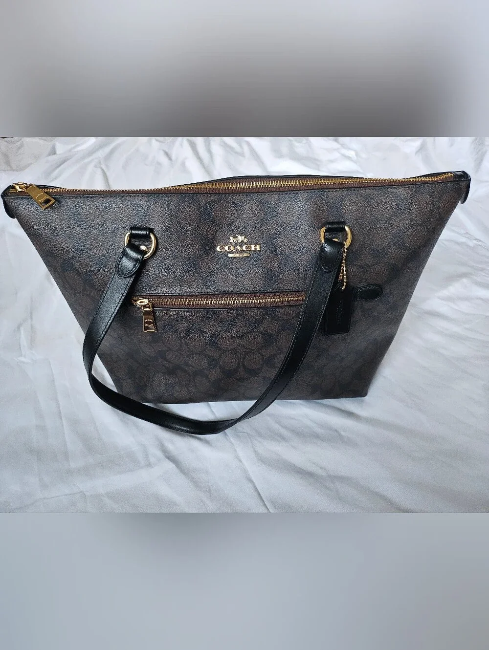 COACH Brown Signature Canvas Tote with Black Leather Straps